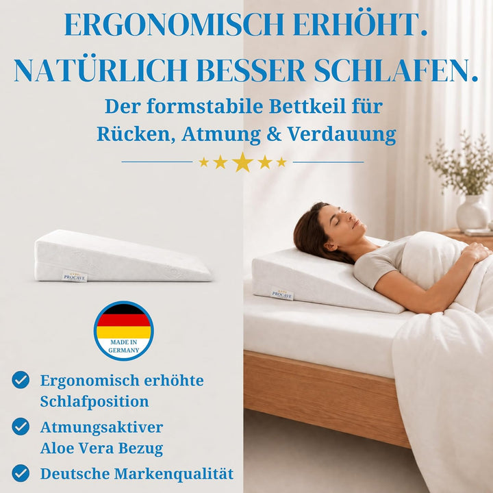 PROCAVE Bettkeil | keilförmiges Schaumstoffkissen | atmungsaktive Matratzenerhöhung | Made in German