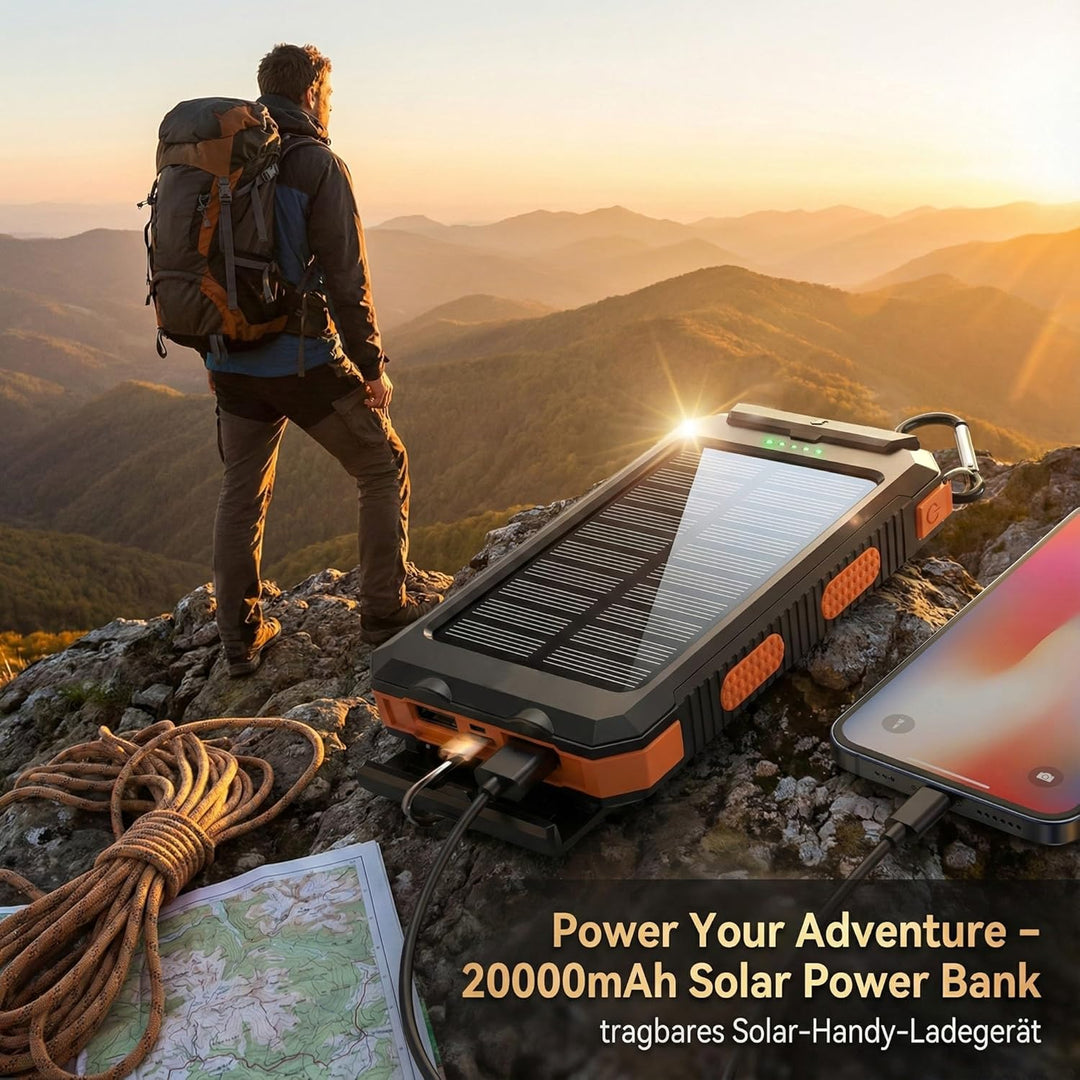 Solar Powerbank 20000mAh, Wasserdichtes USB C Externer Akku mit 2 Outputs, 2 USB-Anschlüssen, LED-Ta