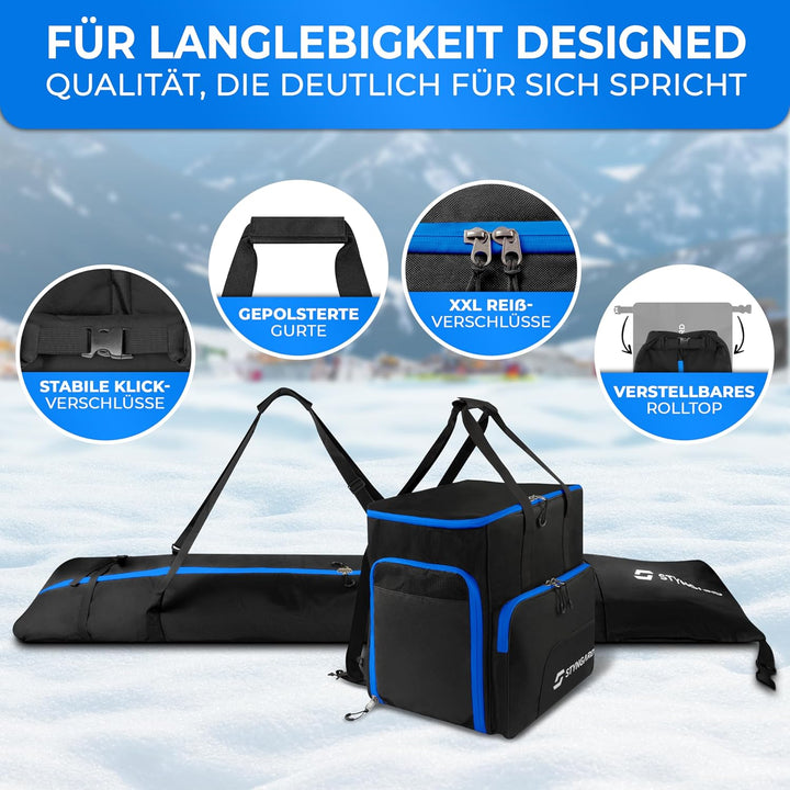 STYNGARD Skitasche Set 4-teilig (140cm-200cm) Skisack und Skischuhtasche mit Helmfach, Helmtasche, B