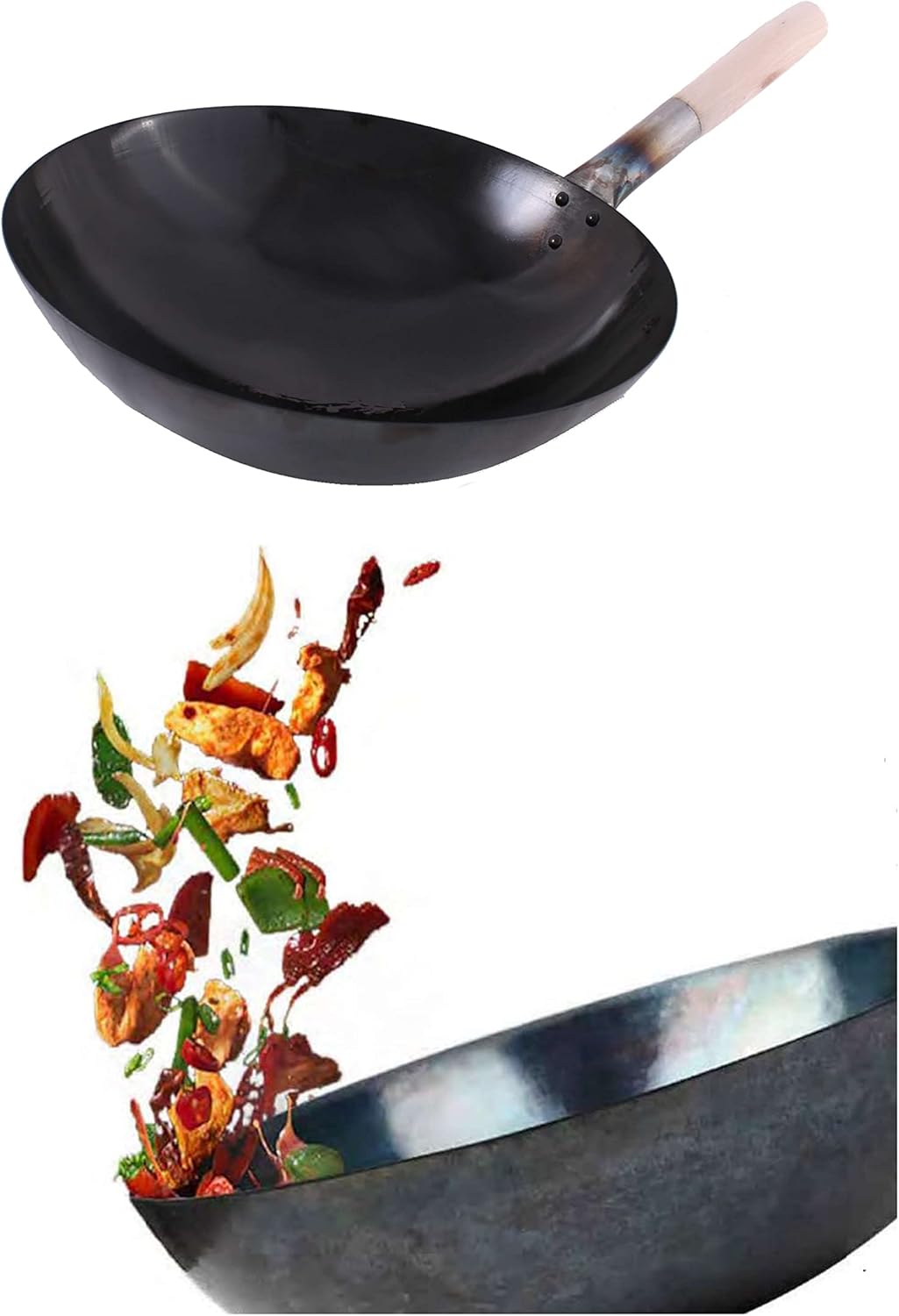 Wok Pfanne runder Boden Eingebrannt Voreingebrannt aus Carbonstahl natürliche Antihaftschicht (36 cm