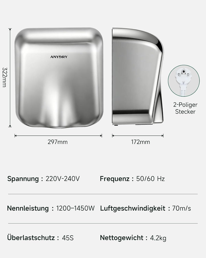anydry Gewerblicher Händetrockner Edelstahl Heavy Duty mit HEPA-Filter | 8-10s Schnelles Trocknen, D