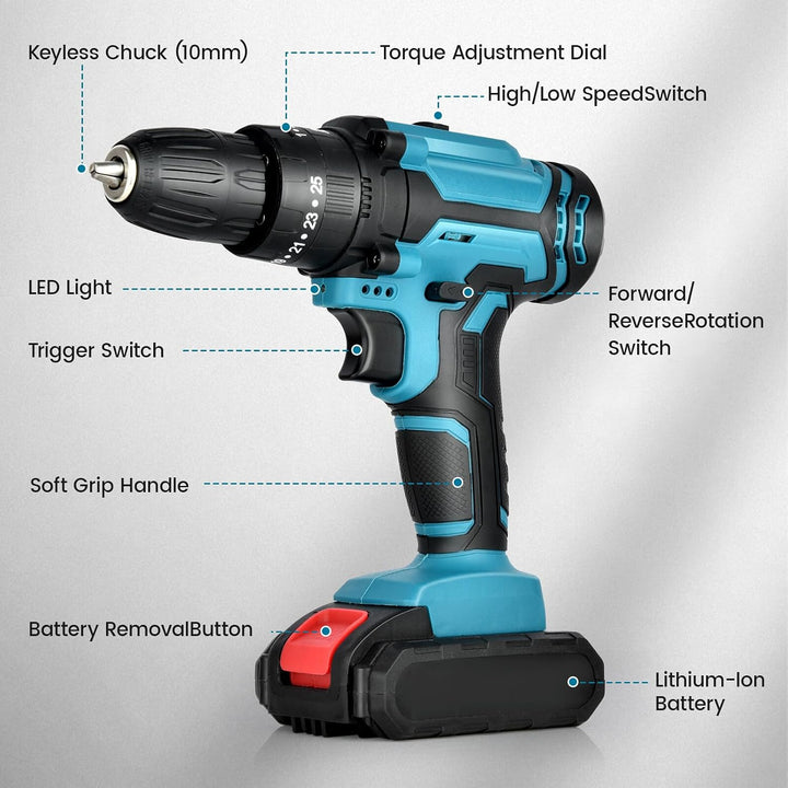 Akku Bohrschrauber Set 21V: Akkubohrer mit 2 Akkus 2000mAh,42Nm Max Drill Set 25+3 Paar, 24 Stück Bo