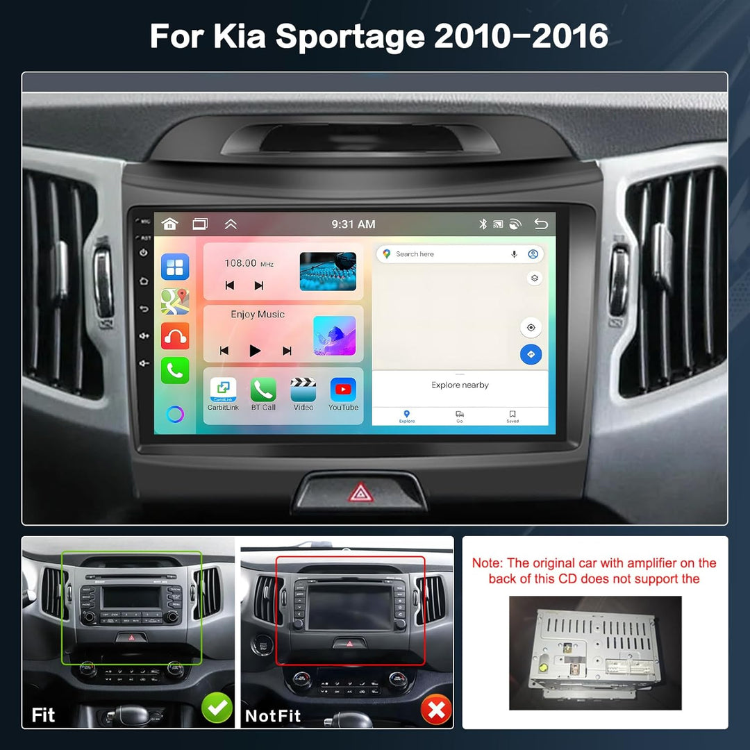 Android 15 Radio für Kia Sportage 2010-2016 mit Wireless CarPlay 4+64G, 9 Zoll Bildschirm mit Androi