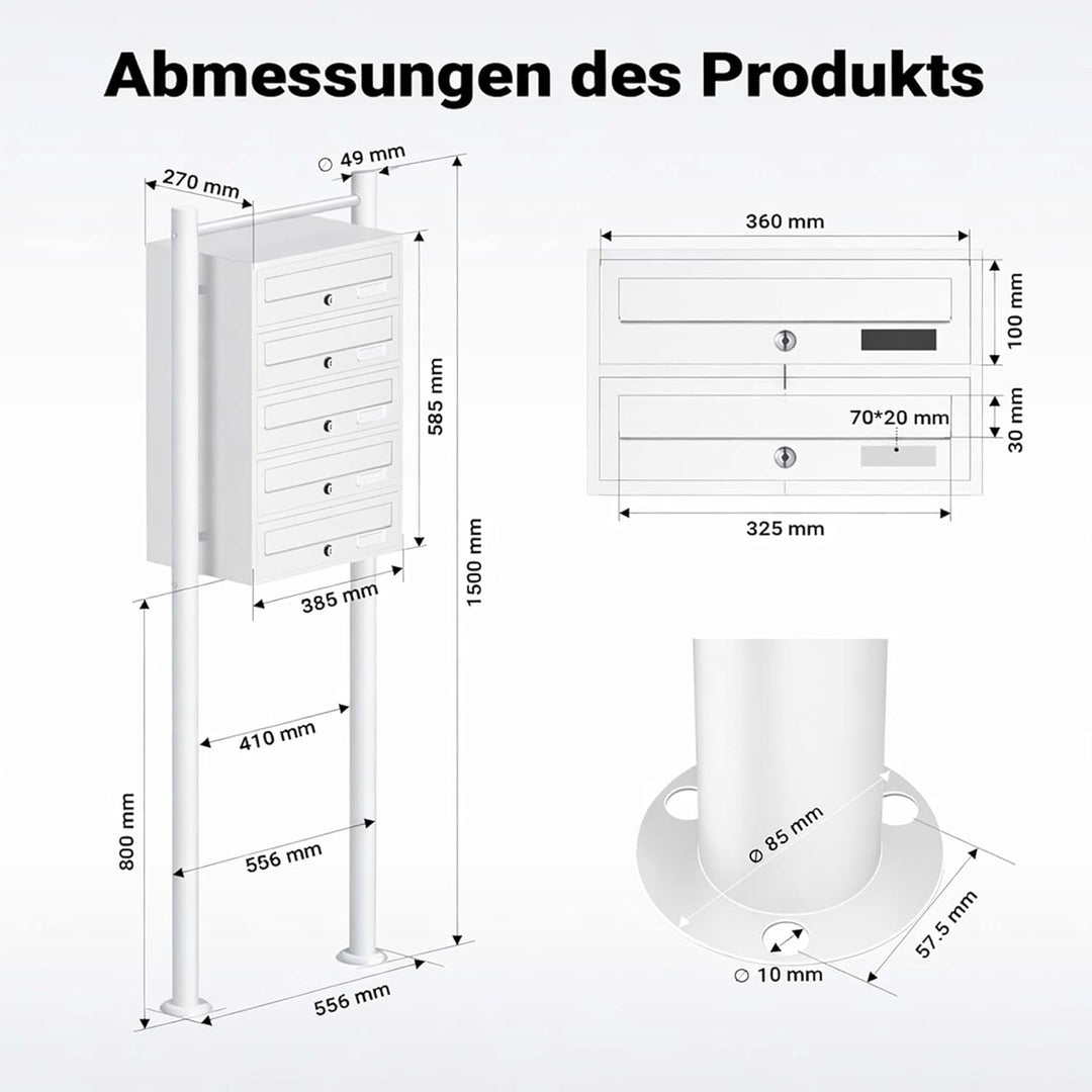 Wiltec 5er Briefkastenanlage weiss 270 x 513 x 1500 mm, Standbriefkasten mit 5 Fächern, Schlüssel un
