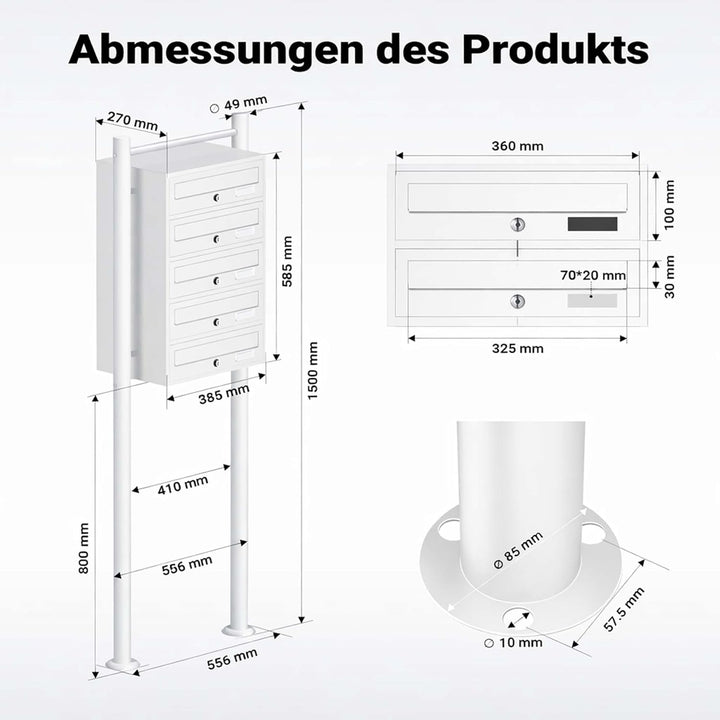 Wiltec 5er Briefkastenanlage weiss 270 x 513 x 1500 mm, Standbriefkasten mit 5 Fächern, Schlüssel un