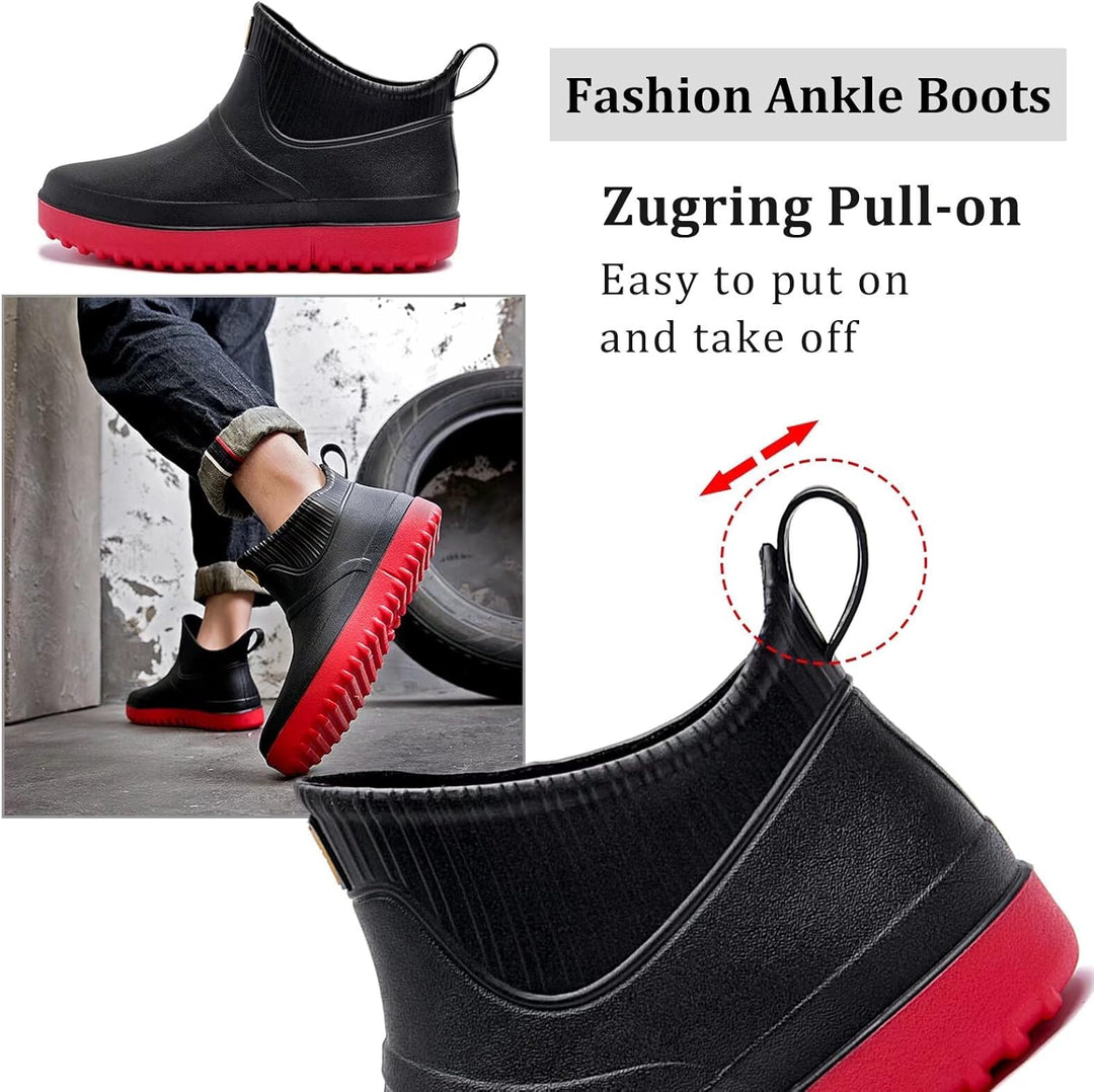 GURGER Herren Gummistiefel Kurz Wasserdicht Rutschfest Stadt Regenstiefel 39 EU Schwarz Rot A1, 39 E