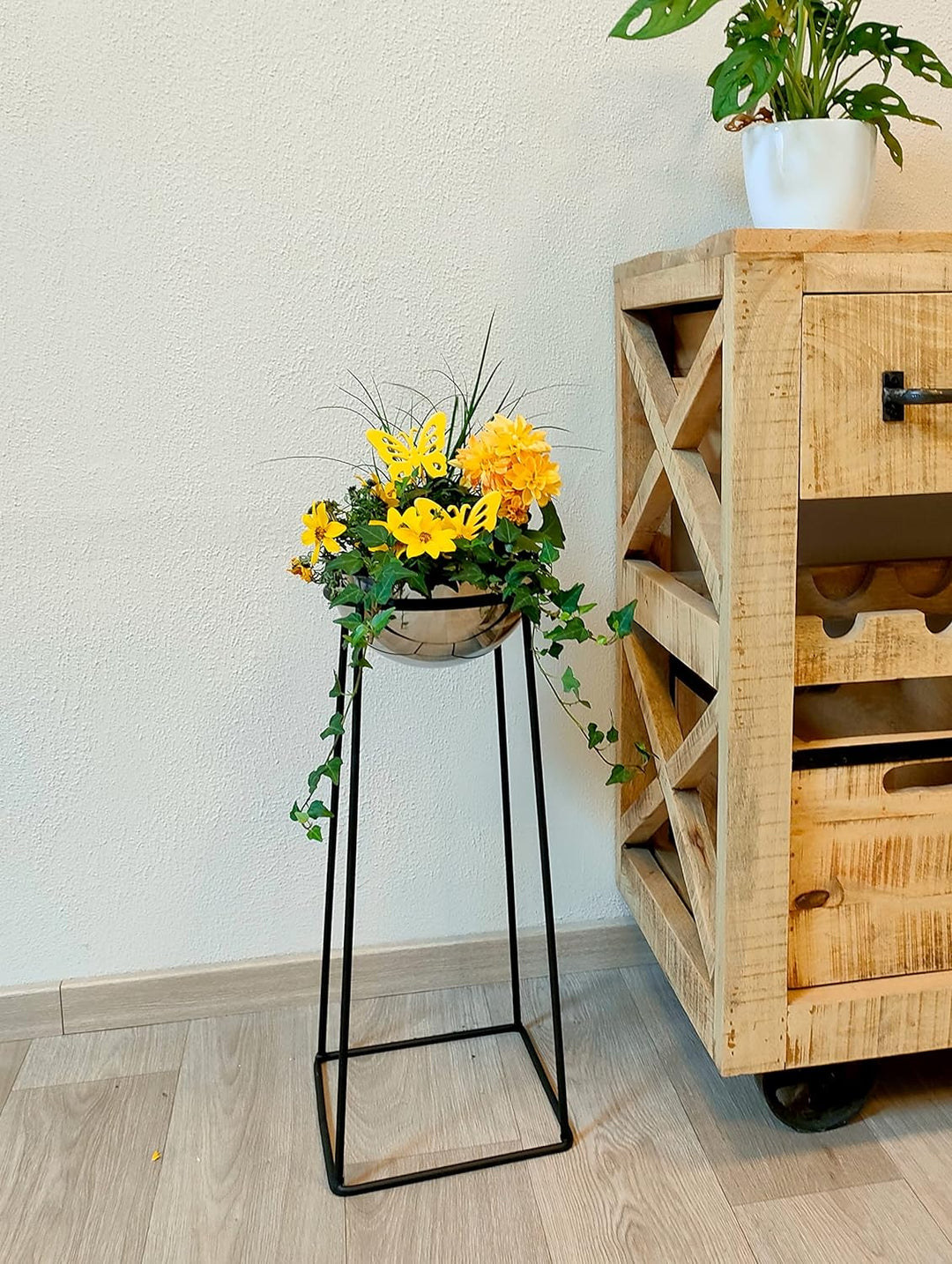 DARO DEKO Metall Blumentopf mit Ständer schwarz Silber 27 x 55cm Blumen-Töpfe Pflanztopf hoch Schale