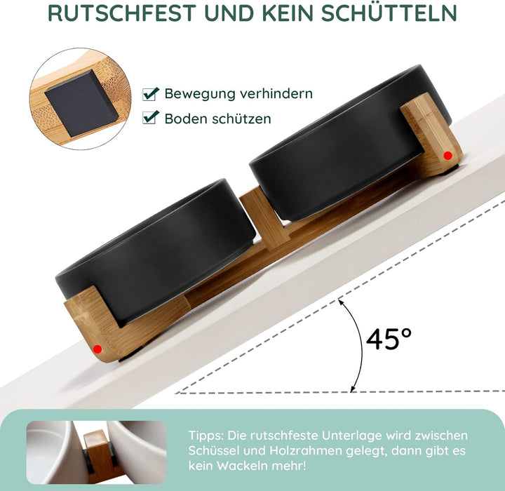 SPUNKYJUNKY Hundenapf Keramik Doppel Hund Futternapf mit Bambus Ständer für Katzen und Hunde (400ml,