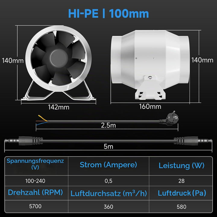 Hon&amp;Guan HI-PE Rohrventilator 100mm Super Luftmenge 360m³/h Energieeinsparung EC-Motor Geräuscharm R