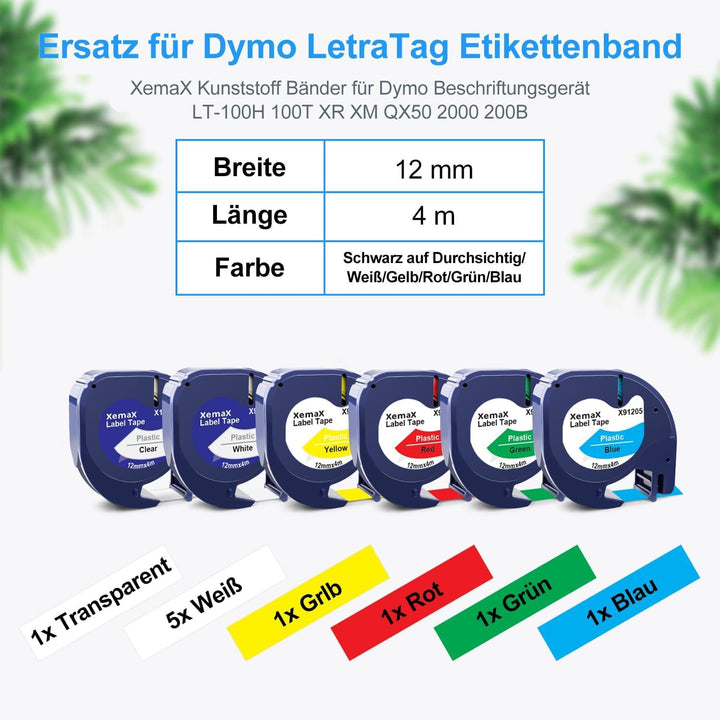 10x XemaX Etikettenband Ersatz für Dymo LetraTag Etikettenband 12mm x 4m 16951 91221 91222 91223 912