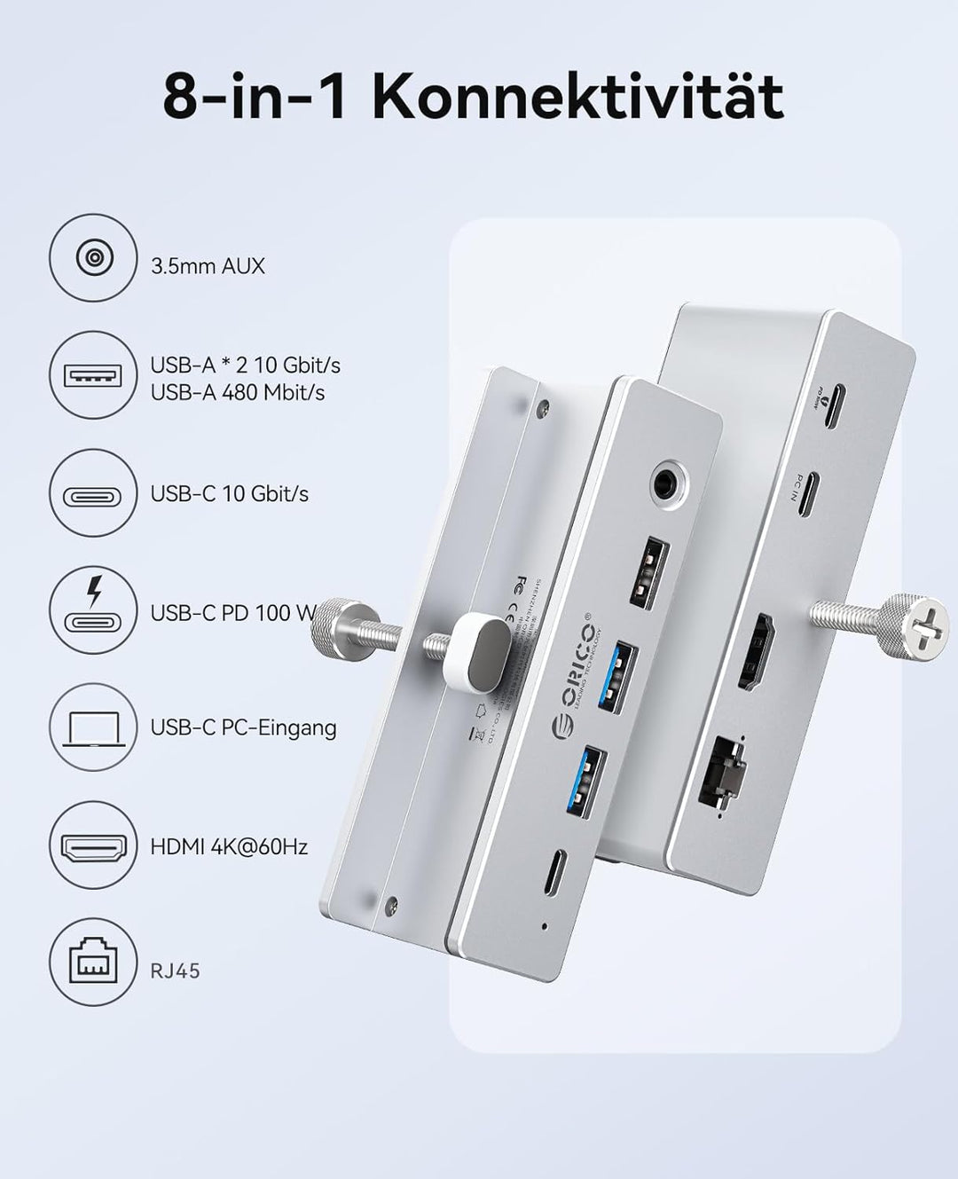 ORICO Clip Docking Station, 8-in-1 USB-C Hub Klemme mit 4K@60Hz HDMI, 100W PD, Gigabit-Ethernet, 4xU