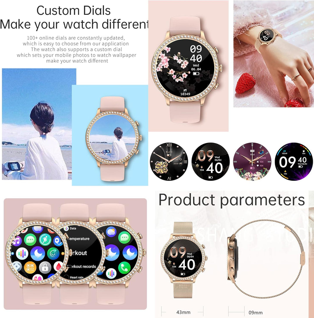 Smartwatch Damen mit Telefonfunktion, 1,32 Fitnessuhr Diamond Damen, Fitness Tracker Uhr mit Menstru