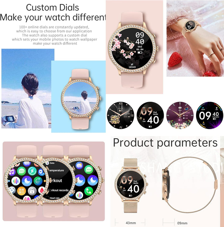 Smartwatch Damen mit Telefonfunktion, 1,32 Fitnessuhr Diamond Damen, Fitness Tracker Uhr mit Menstru