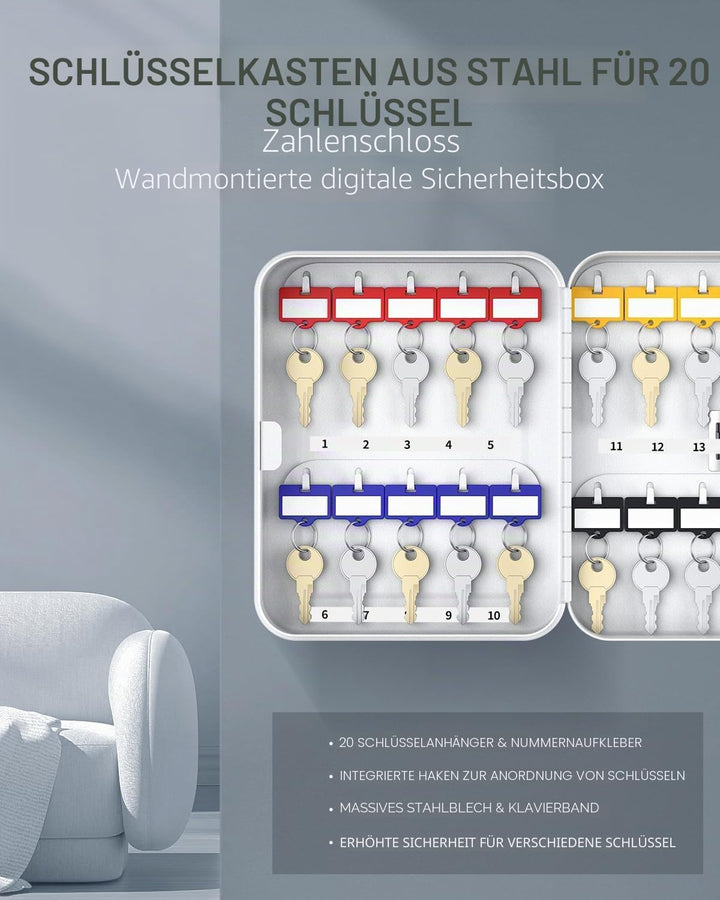 Uniclife Schlüsselschrank mit 20 Positionen und Zahlenschloss, zurücksetzbar, digitales Aufbewahrung