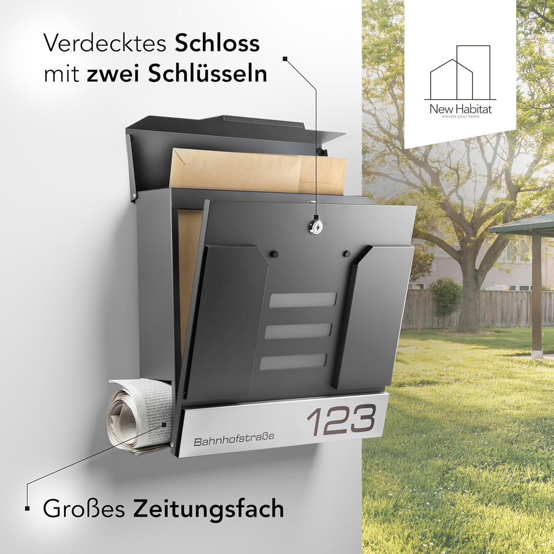 Moderner Briefkasten Personalisierbar Mailand Anthrazit RAL7016 - mit Zeitungsfach - Wandbriefkasten