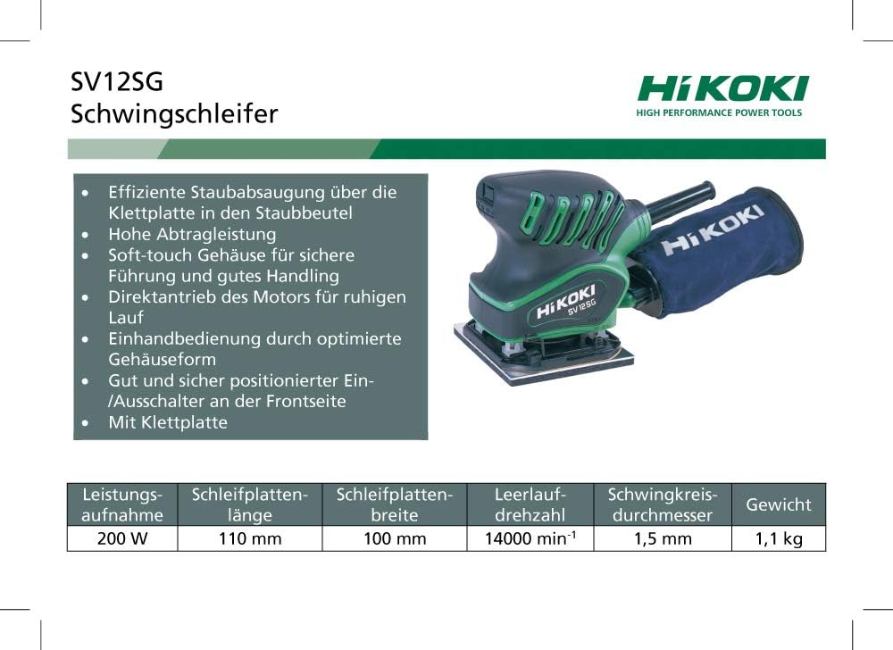 HIKOKI Schwingschleifer (200 Watt, 230 V, Leerlaufdrehzahl 14.000 min-1, Schwingkreis-Ø 1,5 mm, hohe