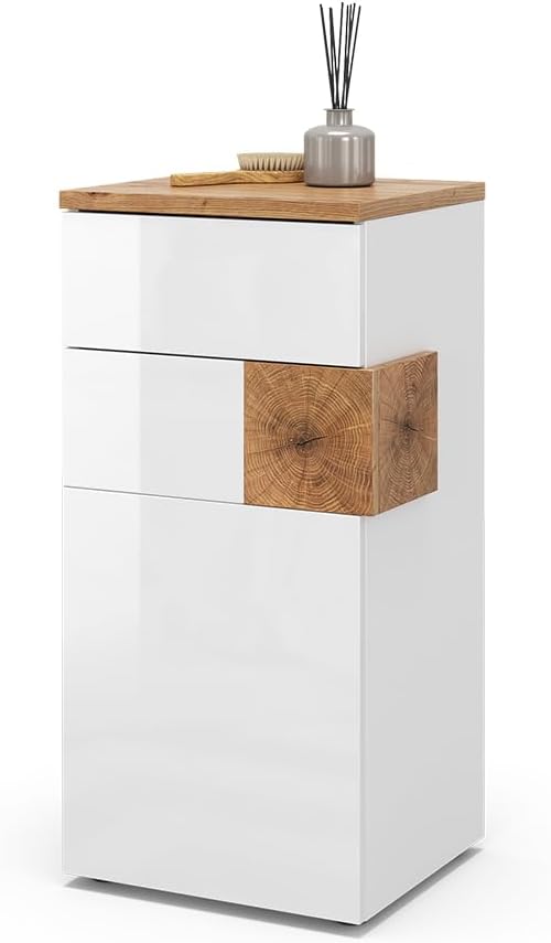 Vicco Midischrank Eden, Weiss Hochglanz/Artisan-Eiche, 40 x 84 cm Weiss Hochglanz Midischrank, Weiss