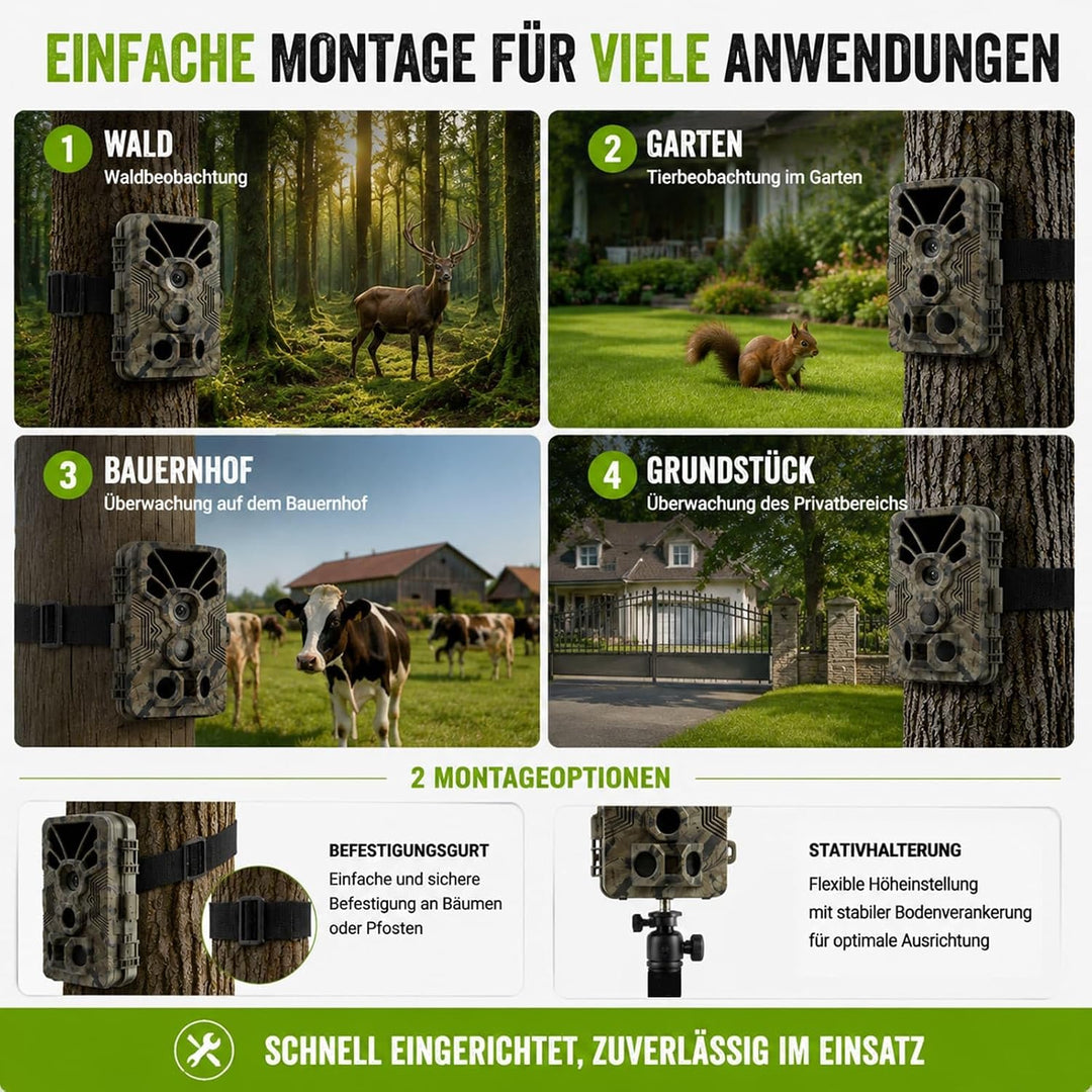 BlazeVideo Wildkamera 64MP 4K mit 0,1s Auslösezeit, 120° PIR-Erfassung, Nachtsicht, wetterfestes Geh