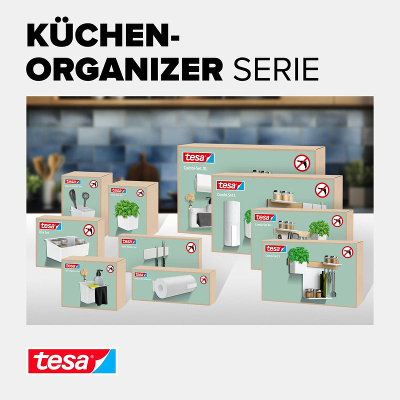 tesa Küchen-Organizer Kombi-Set L - selbstklebende Küchenleiste mit Kräutertopf, 2 Ablagen, Messerha