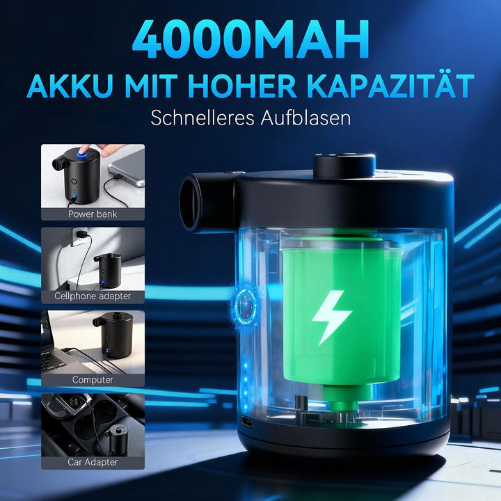 Elektrische Luftpumpe, 4000mAh Akku Pumpe mit 3 Düsen,Wiederaufladbare Luftpumpe,Schnellem Aufblasen