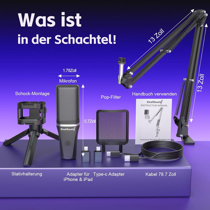 zealsound USB Gaming Mikrofon für PC Mac iPhone mit RGB/Mute/2 Adapter & 2 Ständer(USB-C & Lightning