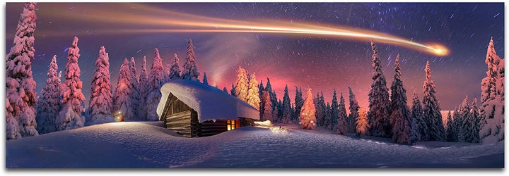 Wandbild auf Leinwand als Panorama in 150x50cm Wald Haus Schnee Sternschnuppe Fantasie