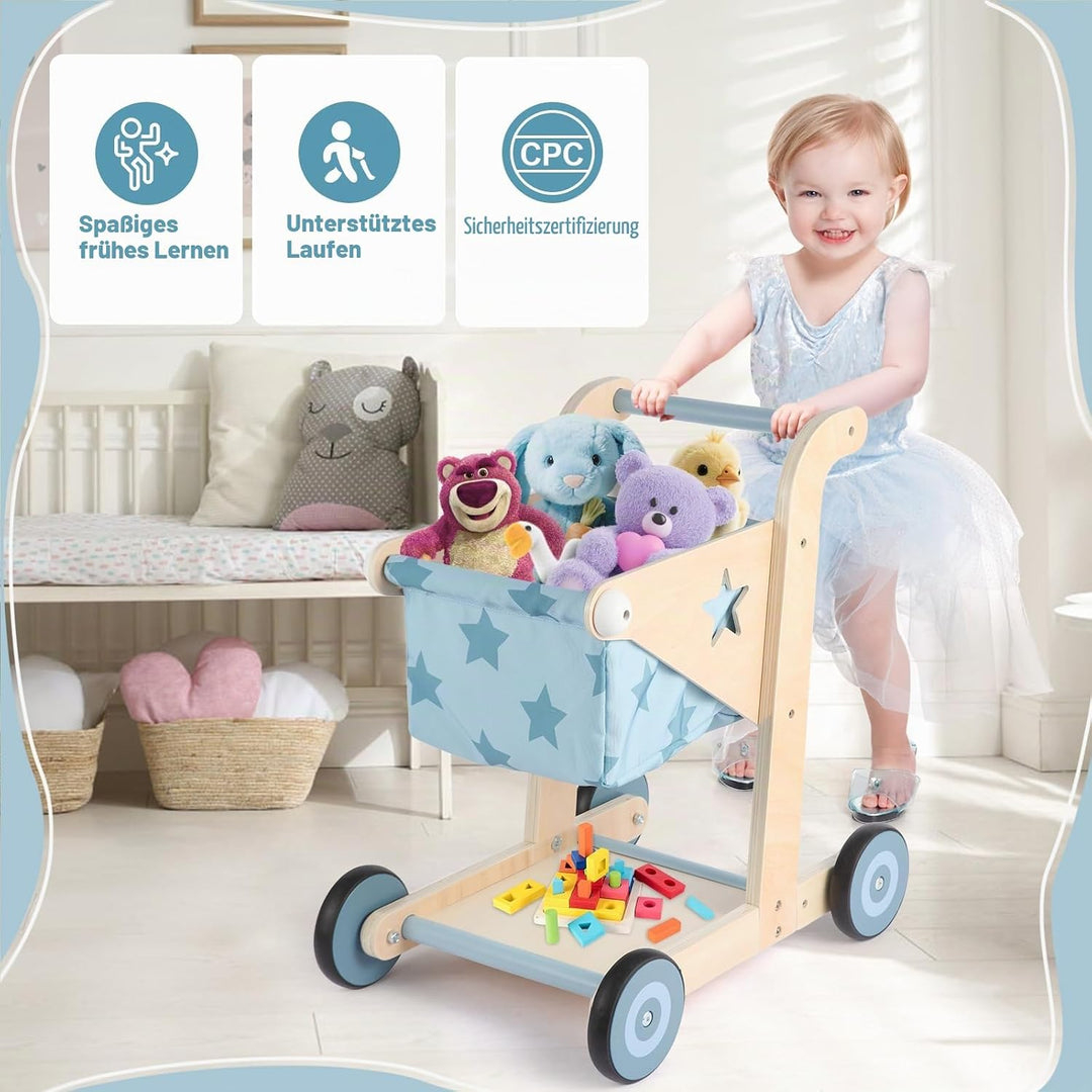 Asweets 2-in-1 Lauflernwagen Holz, Puppenwagen zum Schieben und Ziehen, Baby Walker, Kleinkindspielz