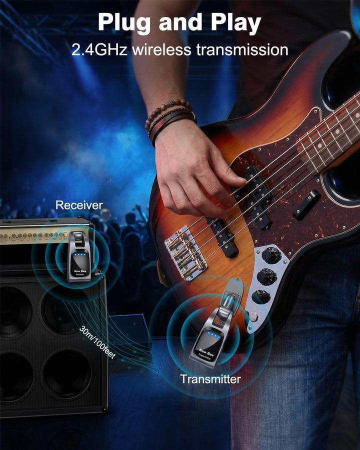 Kabelloses Gitarrensystem, 2,4 GHz mit 6 Kanälen, wiederaufladbar, Audio, kabellos, Bass-Sender, Emp