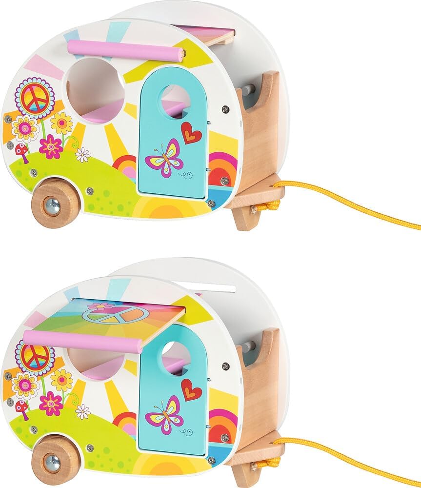 goki 51431 - Wohnwagen Camperfreude – farbenfroher goki66 Wohnanhänger aus Holz für Minipuppen/Biege