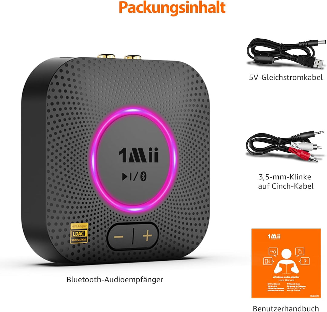 1Mii B06S+ Bluetooth 5.2 Empfänger, HiFi Audio Adapter mit LDAC, Lautstärkeregelung, aptX HD &amp; Low L