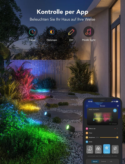 Govee Outdoor LED Strahler, IP65 Wasserdichte Gartenstrahler, Funktioniert mit Alexa, RGBIC Farbwech