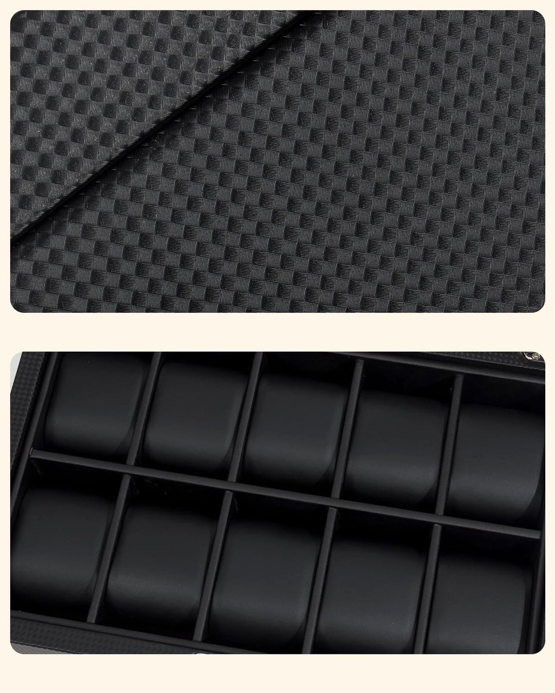 KILHS Uhrenbox mit 10 Fächern, Uhrenkasten mit grossem Glasdeckel, herausnehmbares Uhrenkissen, absc