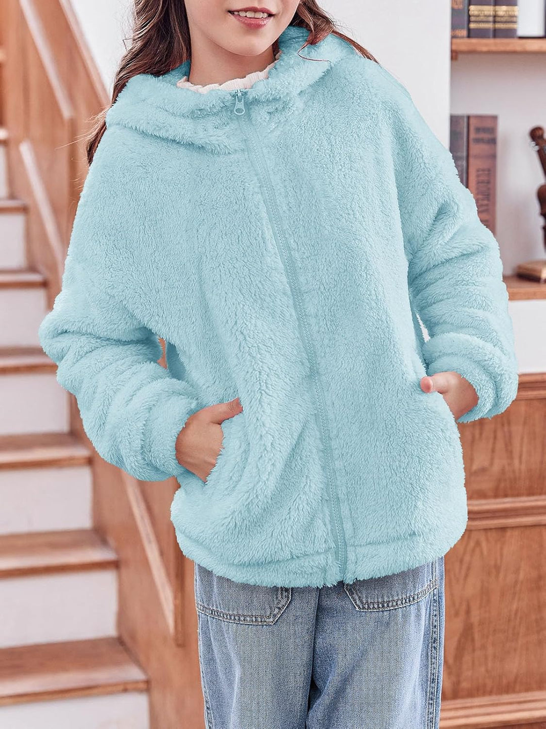 Haloumoning Mädchen Fleece Jacken Kinder Weich Fuzzy Kapuzenpullover Winter Coat Jacke 11-12 Jahre H