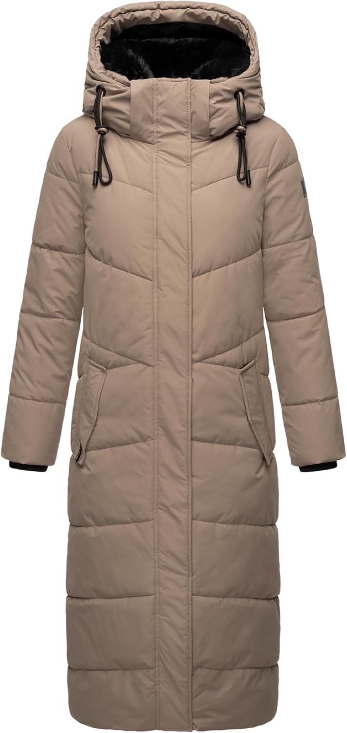 Navahoo Damen Wintermantel Steppmantel extralang mit abnehmbarer Kapuze Hingucker XIV XS-XXL L Taupe