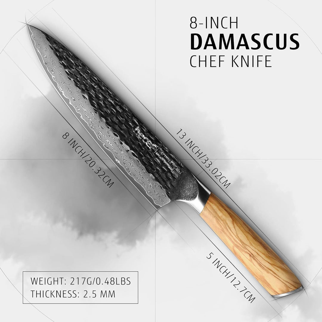 hecef Damastmesser Kochmesser 20CM, Profi Küchenmesser Chefmesser, Ultrascharfer Japanisches Messer,