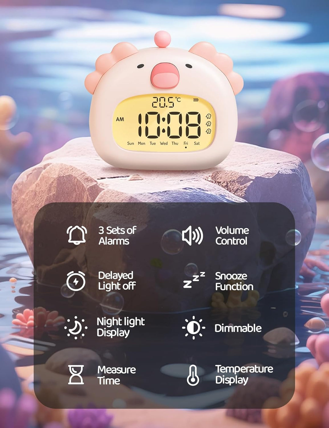 IHALO Cute Axolotl Kinderwecker, Nachttischwecker mit Nachtlicht, digitales LED-Display, 3,15 Zoll,