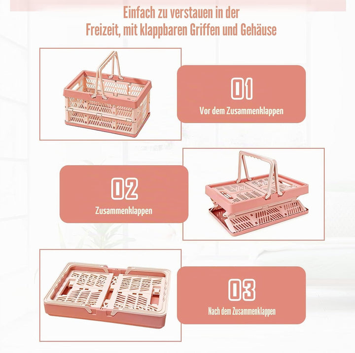 Klappkorb Faltbar, 2er Set Klappbox Klein mit Henkel 10 L Rosa, Multifunktionaler Aufbewahrungskorb