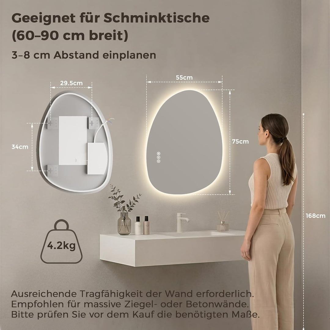S'AFIELINA Spiegel mit Beleuchtung Asymmetrischer LED Badspiegel 75 × 55 × 2,5 cm (H × B × T) mit To
