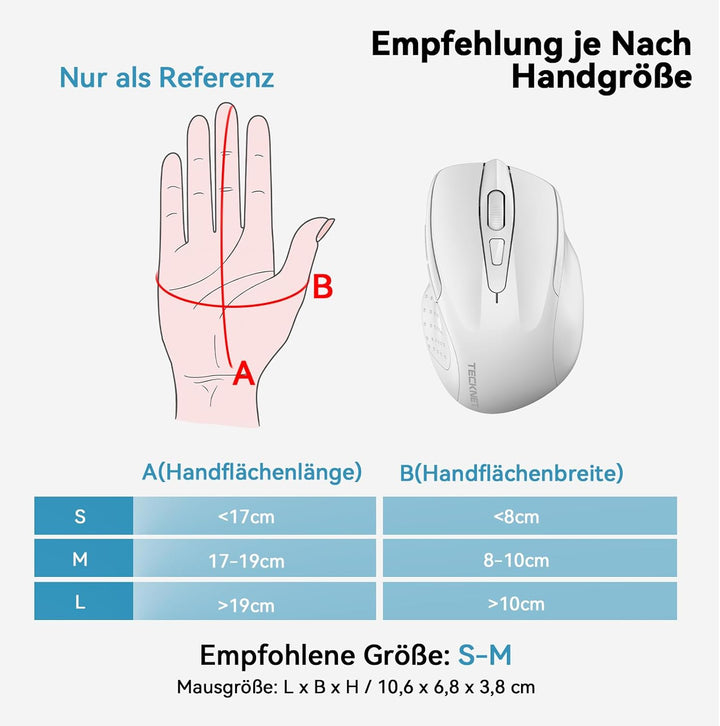 TECKNET Bluetooth Maus, Wiederaufladbare Maus Kabellos(DREI Modi: BT 5.0/3.0 + 2.4G), 4800 DPI, Ergo