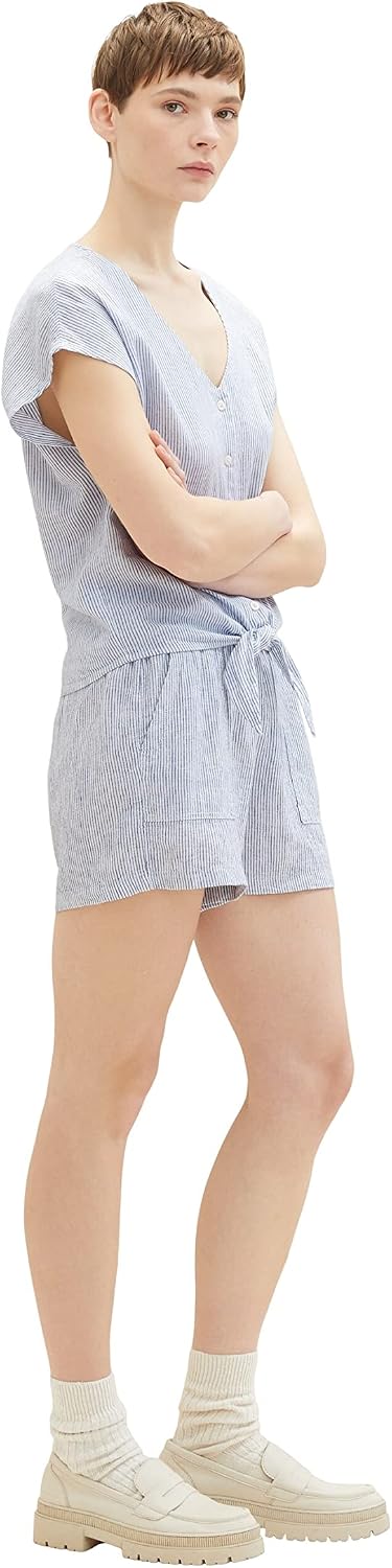TOM TAILOR Denim Damen Basic Shorts aus Leinen XS 31715 - White Blue Vertical Stripe, XS 31715 - Whi