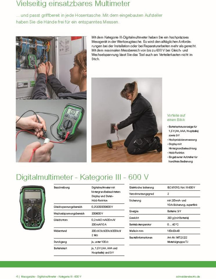 Schneider Electric - Thorsman Digital Multimeter mit LCD-Display Beleuchtet, Kategorie 3, Batterie 9