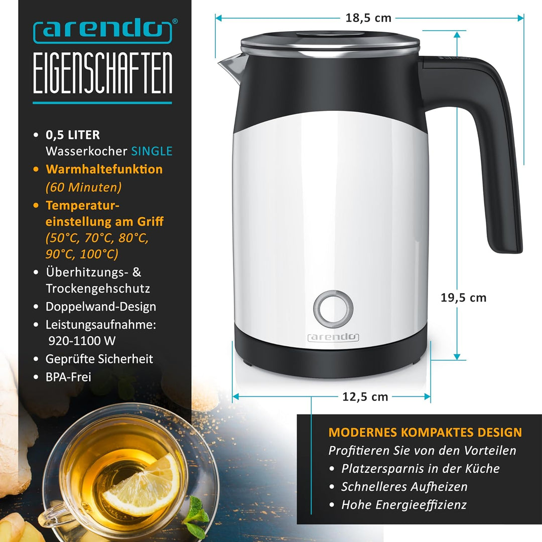 Arendo - 0,5l Edelstahl Wasserkocher mit Temperatureinstellung im Doppelwand-Design - 0,5l Wasser-Fü