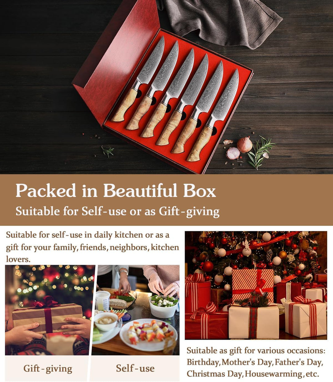 HEZHEN 6PCS Damaskus-Steakmesser Küchenmesser-Set Professionelles geschmiedetes mit hohem Kohlenstof