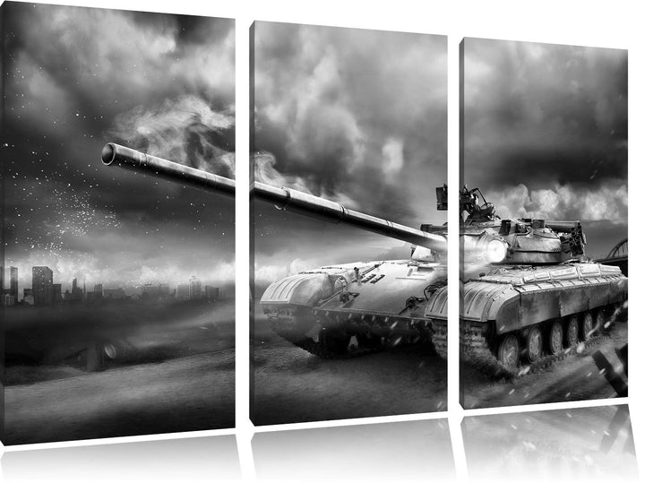 Pixxprint Panzer im Nebel 3Teiler 120x80 cm Leinwandbild Wandbild Kunstdruck