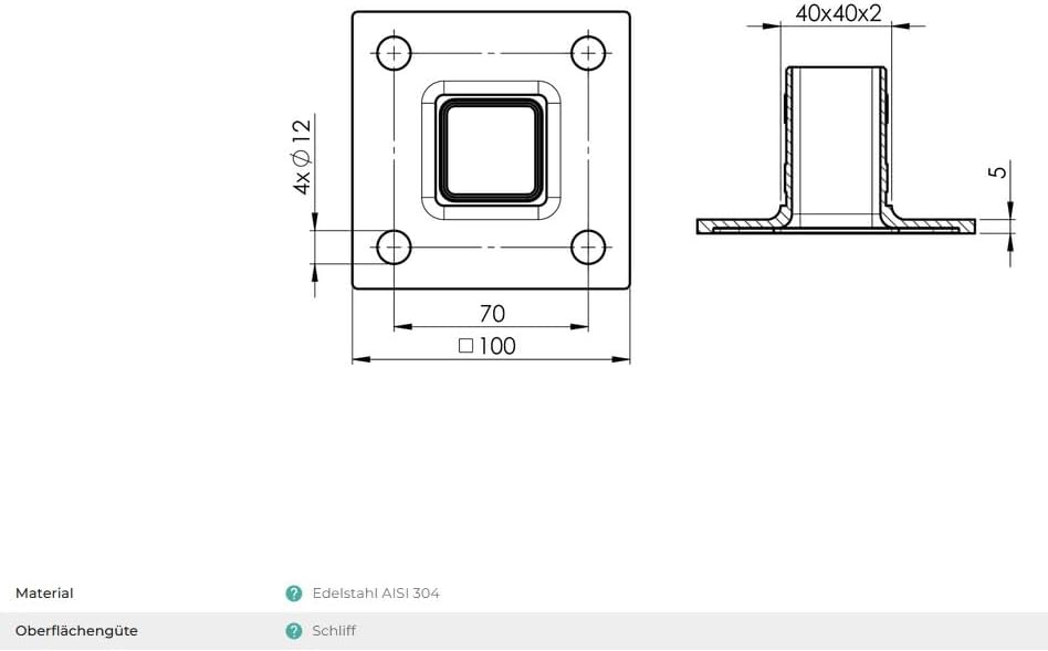 Sellon24® Edelstahl Bodenflansch 100x100 Bodenanker eckig Rohr 40x40 mm Geländer Pfosten V2A geschli