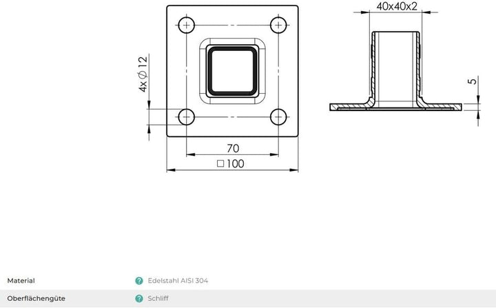 Sellon24® Edelstahl Bodenflansch 100x100 Bodenanker eckig Rohr 40x40 mm Geländer Pfosten V2A geschli