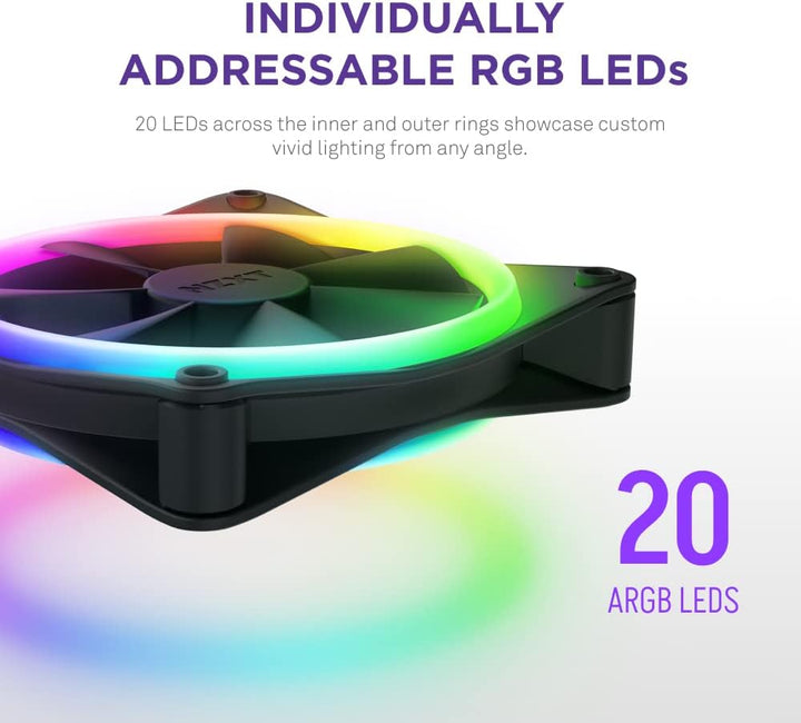NZXT F120 RGB Duo – 120 mm doppelseitiger RGB-Lüfter – 20 individuell adressierbare LEDs – ausgewoge