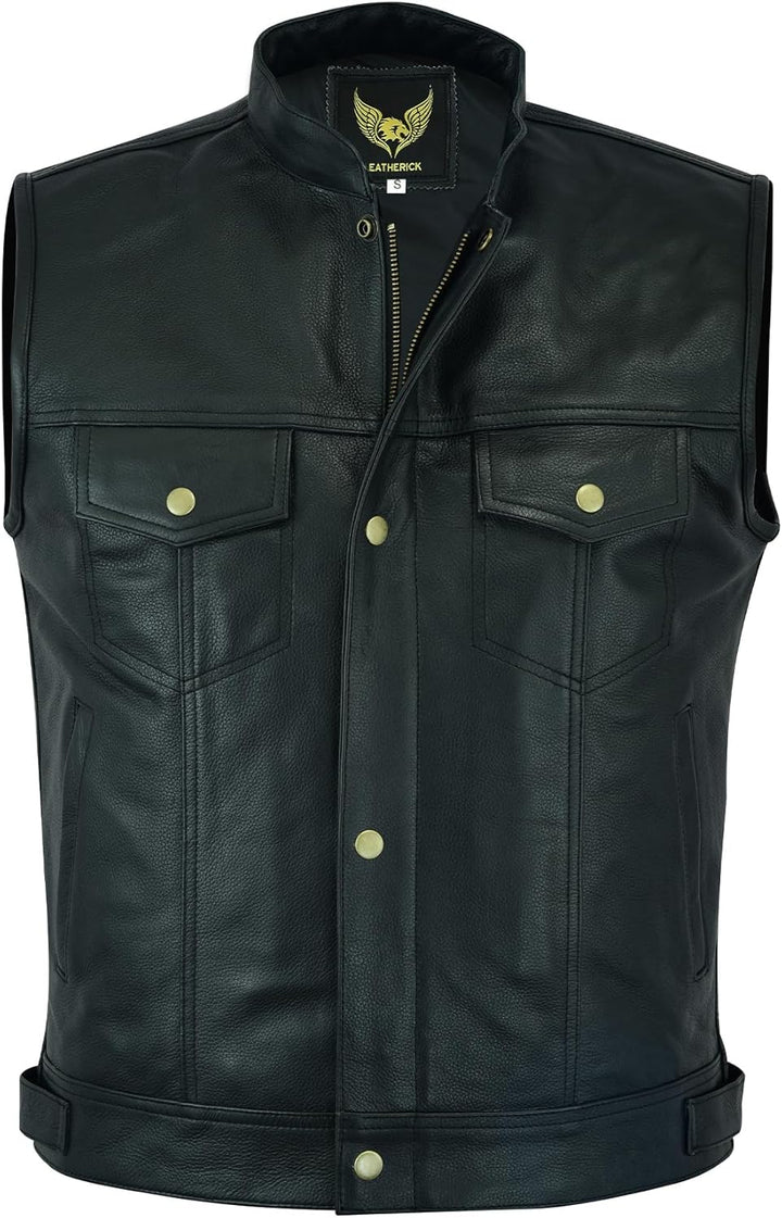 Leatherick Herren Biker Weste aus echtem Leder mit offenen Knöpfen für Reiten und modische Weste (2X