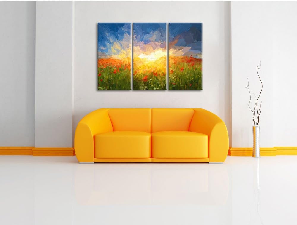 Pixxprint Blühende Mohnwiese in der Sonne Pinsel Effekt 3-Teiler Leinwandbild 120x80 Bild auf Leinwa