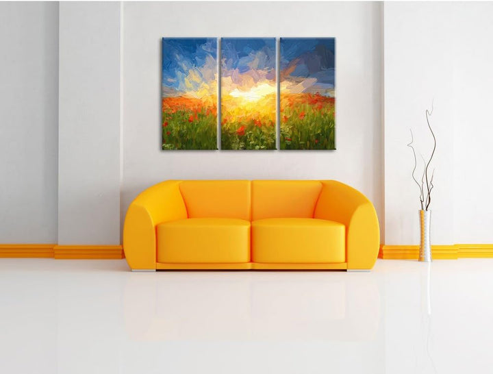 Pixxprint Blühende Mohnwiese in der Sonne Pinsel Effekt 3-Teiler Leinwandbild 120x80 Bild auf Leinwa